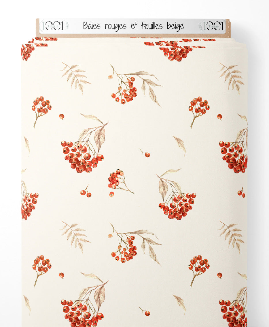 Tissu - Baies rouges et feuilles beige