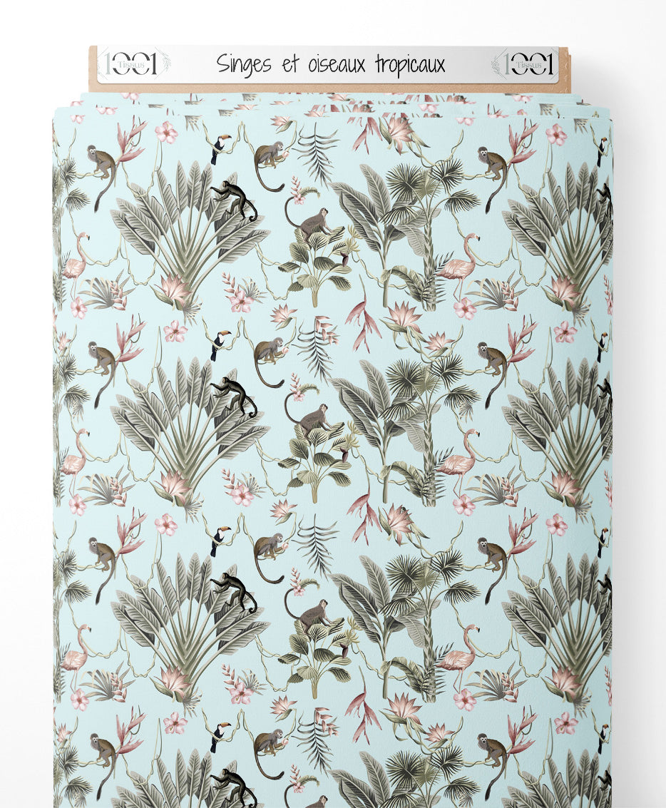 Tissu - Singes et oiseaux tropicaux