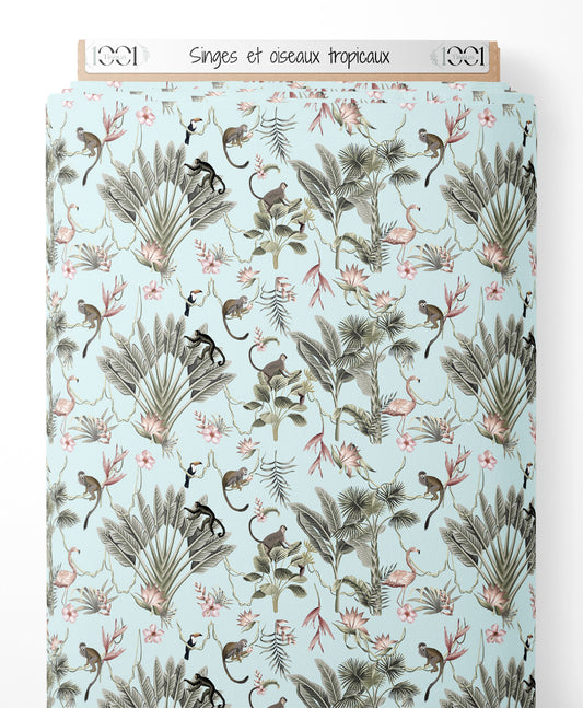 Tissu - Singes et oiseaux tropicaux