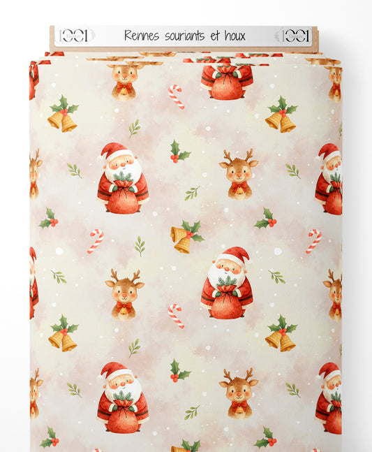 Tissu - Rennes souriants et houx