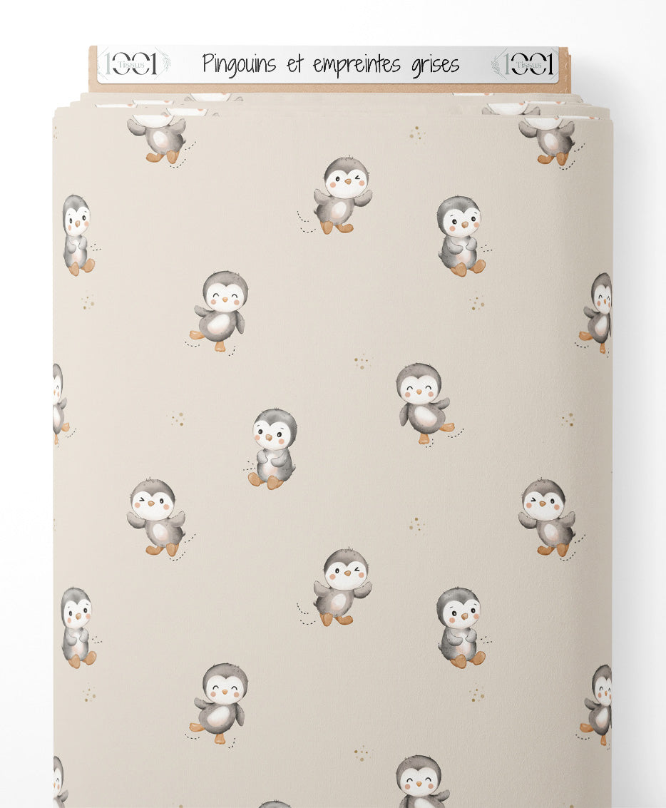 Tissu - Pingouins et empreintes grises