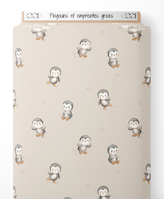 Tissu - Pingouins et empreintes grises