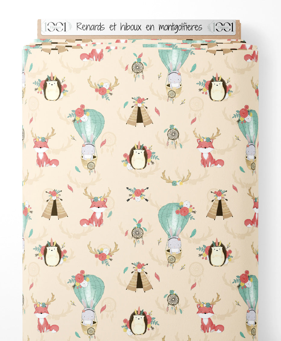 Tissu - Renards et hiboux en montgolfières