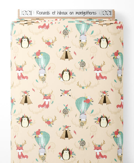 Tissu - Renards et hiboux en montgolfières