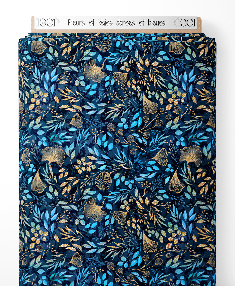 Tissu - Fleurs et baies dorées et bleues