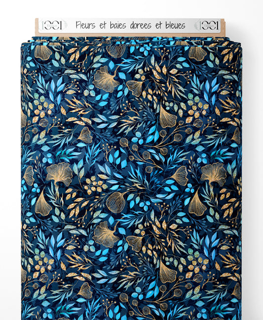 Tissu - Fleurs et baies dorées et bleues