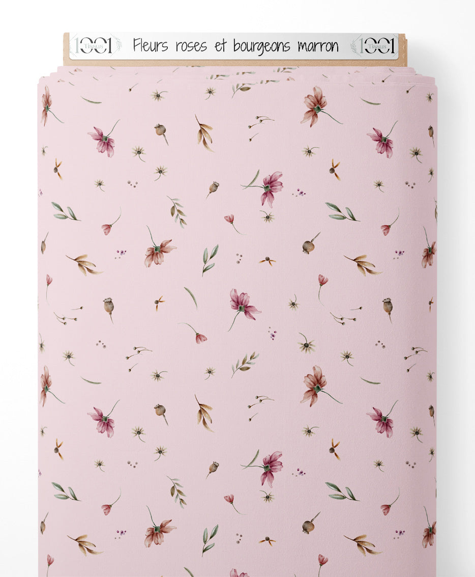 Tissu - Fleurs roses et bourgeons marron