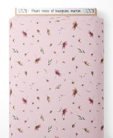 Tissu - Fleurs roses et bourgeons marron