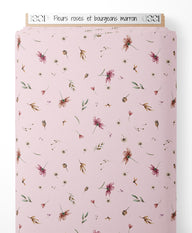 Tissu - Fleurs roses et bourgeons marron