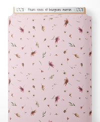 Tissu - Fleurs roses et bourgeons marron