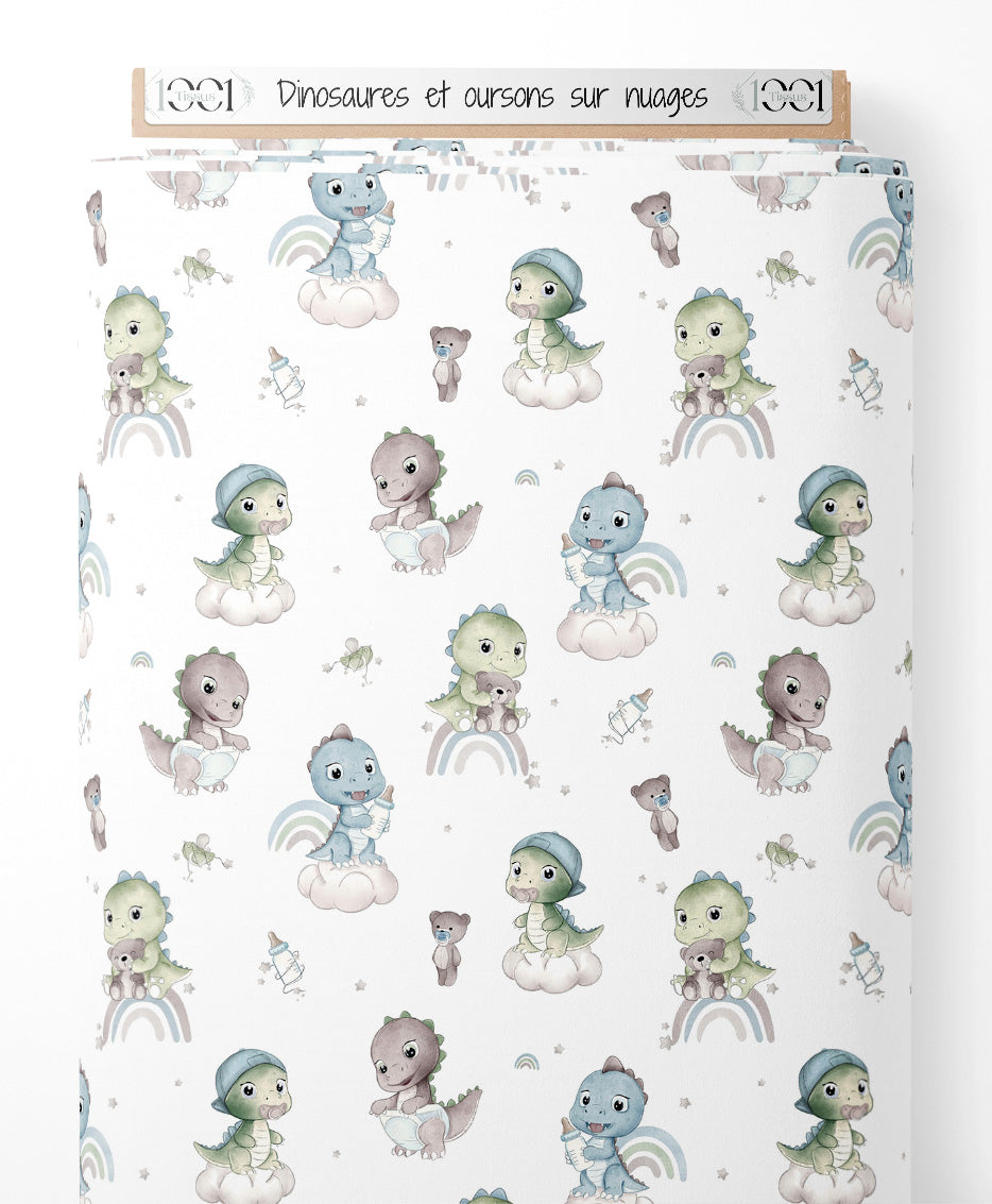 Tissu - Dinosaures et oursons sur nuages