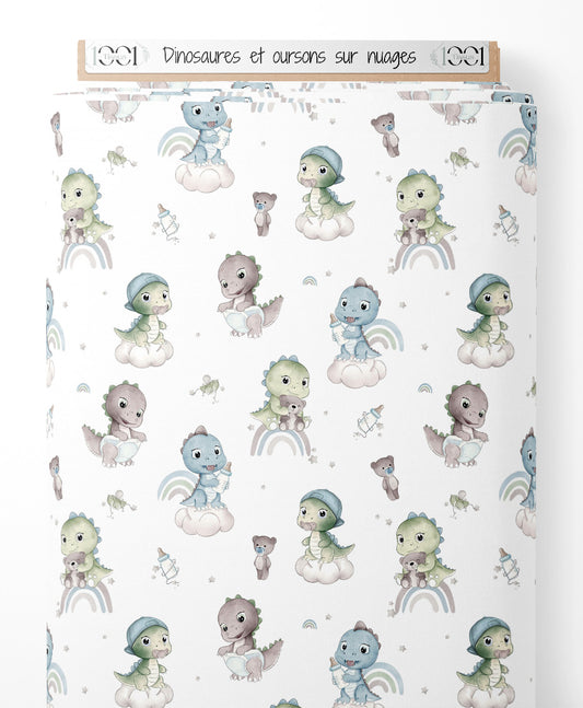 Tissu - Dinosaures et oursons sur nuages