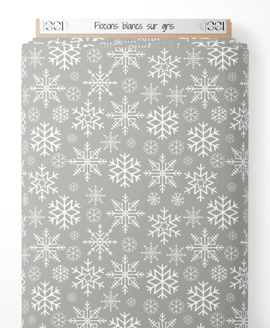 Tissu - Flocons blancs sur gris