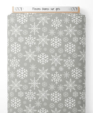 Tissu - Flocons blancs sur gris