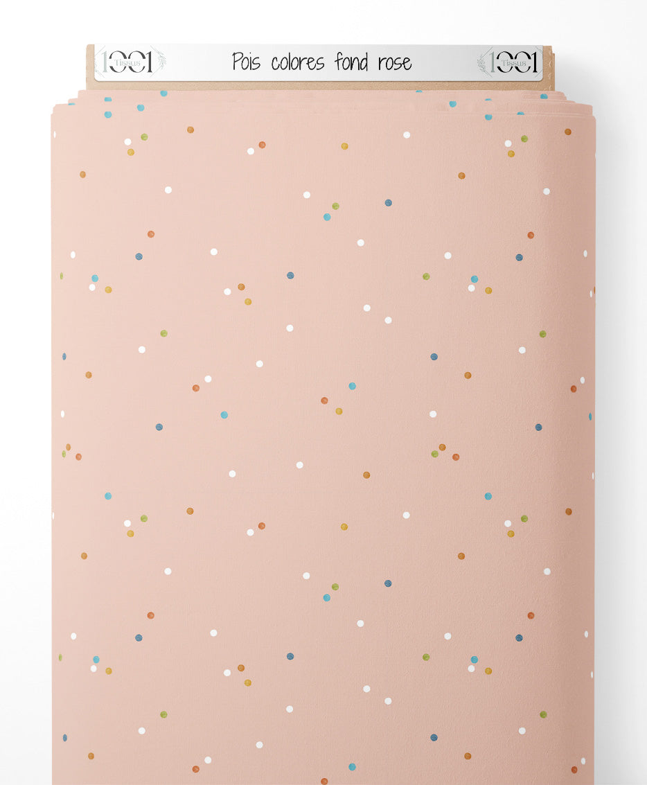 Tissu - Pois colorés sur fond rose