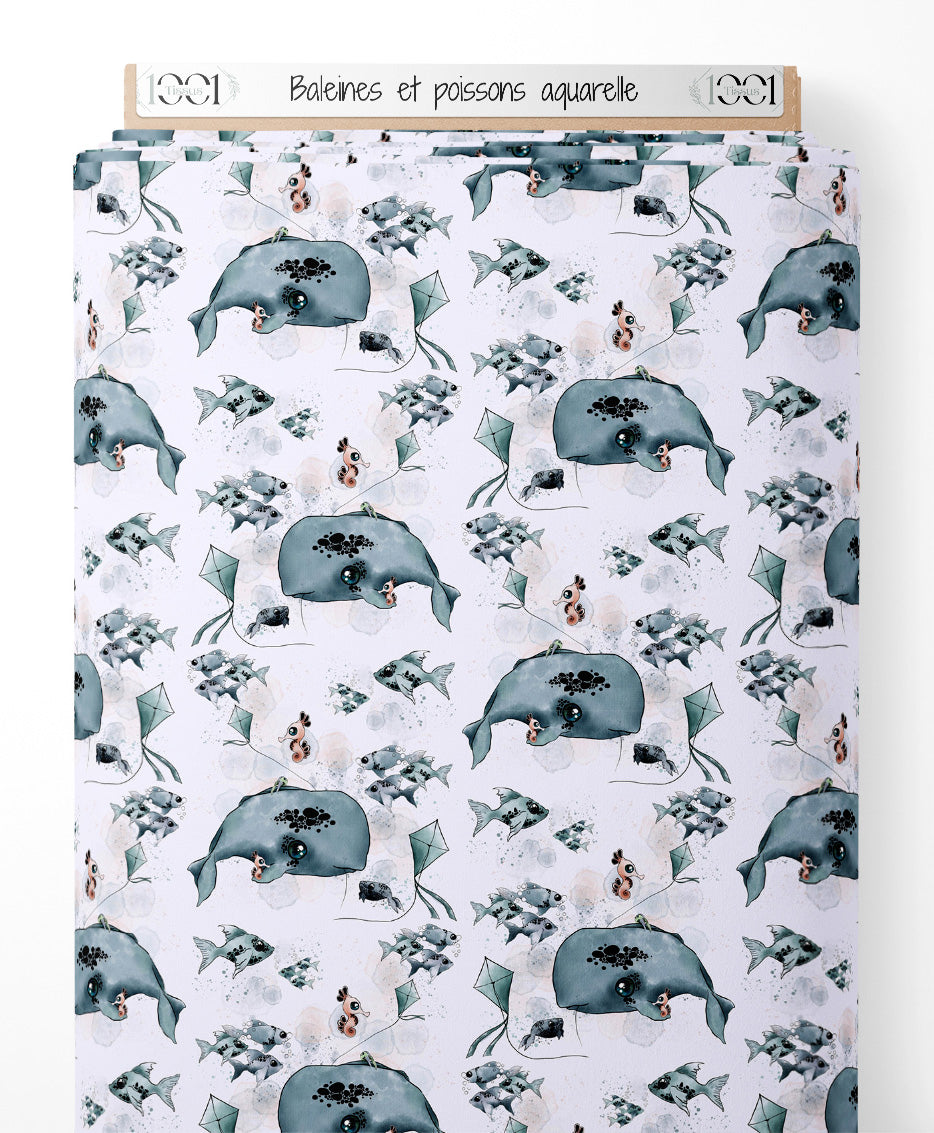 Tissu - Baleines et poissons aquarelle