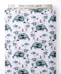 Tissu - Baleines et poissons aquarelle
