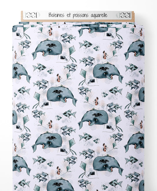 Tissu - Baleines et poissons aquarelle