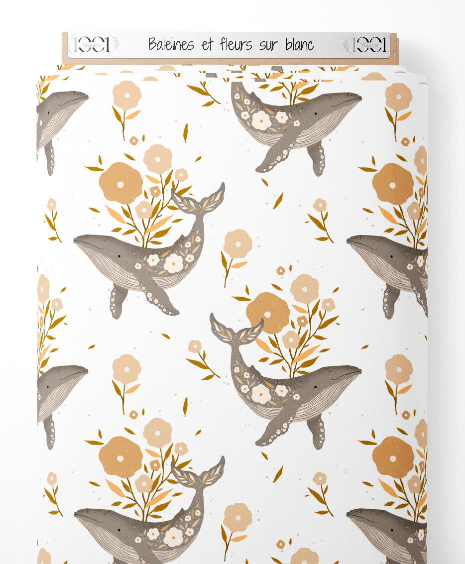 Tissu - Baleines et fleurs sur blanc