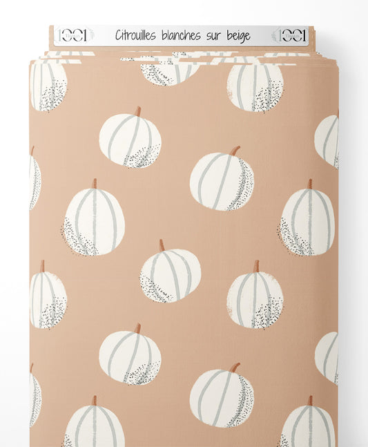 Tissu - Citrouilles blanches sur beige