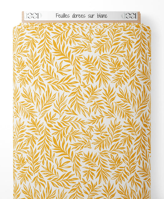 Tissu - Feuilles dorées sur blanc
