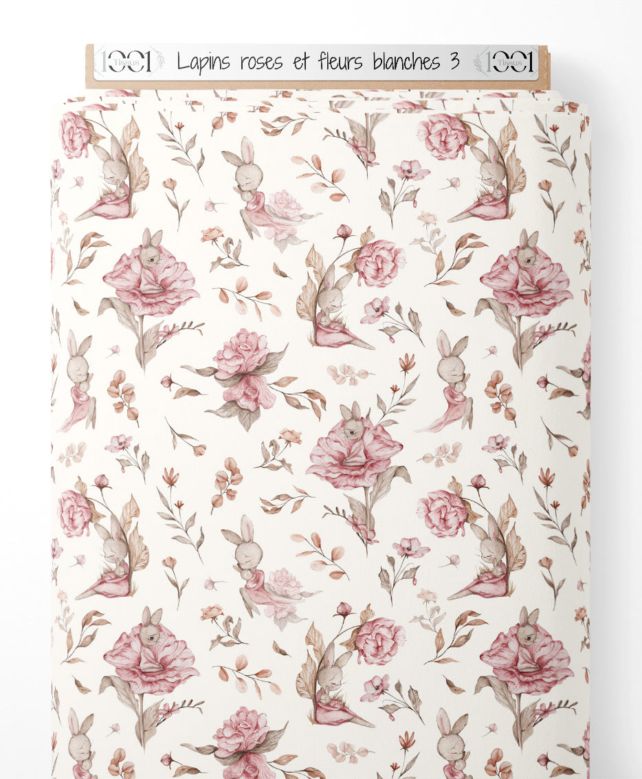 Tissu - Lapins roses et fleurs blanches 3