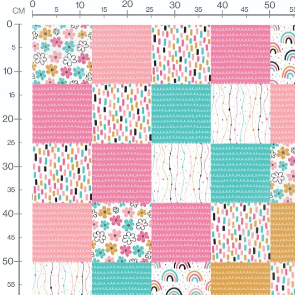 Tissu - Carrés fleuris et arc-en-ciel