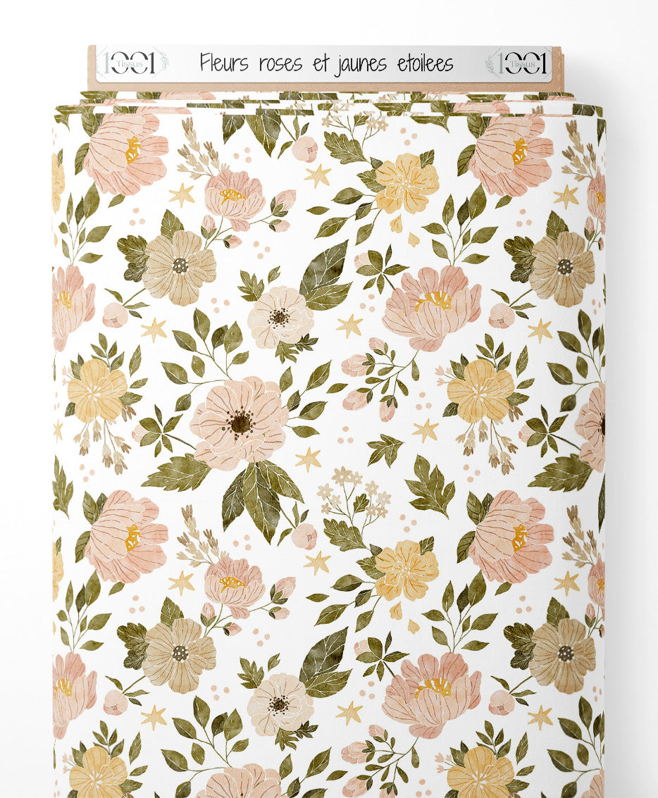 Tissu - Fleurs roses et jaunes étoilées