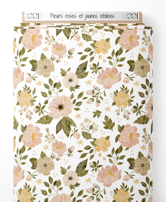 Tissu - Fleurs roses et jaunes étoilées