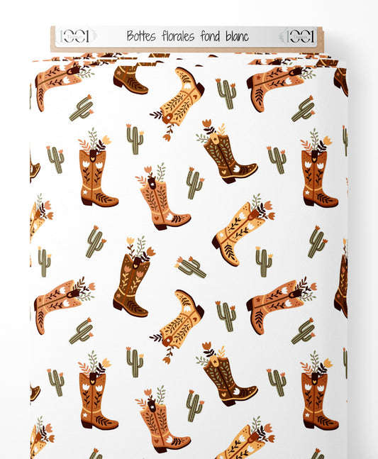 Tissu - Bottes florales sur fond blanc