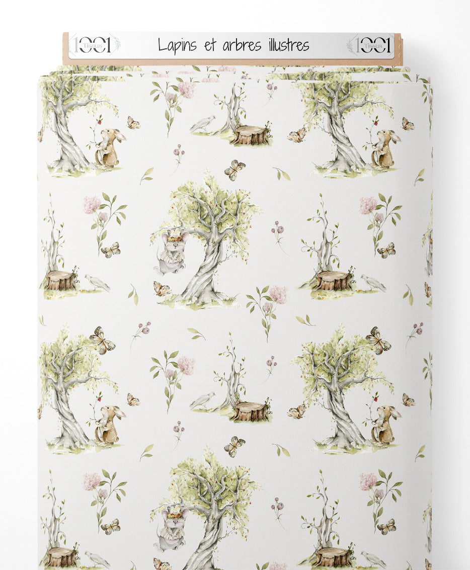 Tissu - Lapins et arbres illustrés