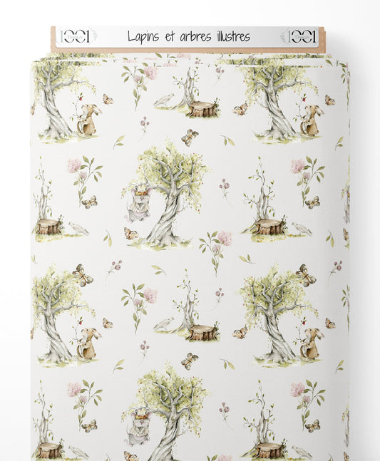 Tissu - Lapins et arbres illustrés