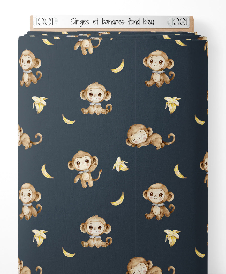 Tissu - Singes et bananes sur fond bleu