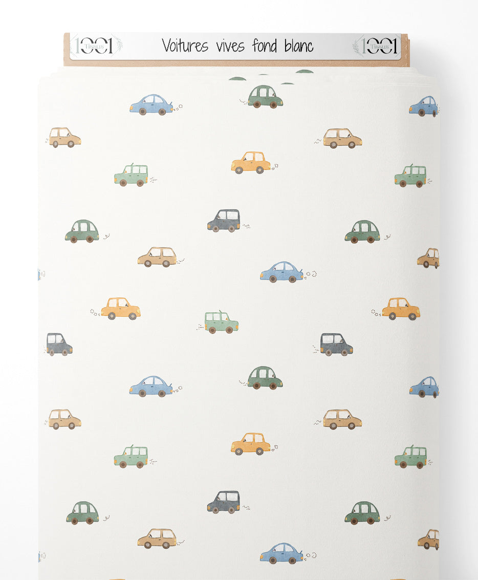 Tissu - Voitures vives sur fond blanc