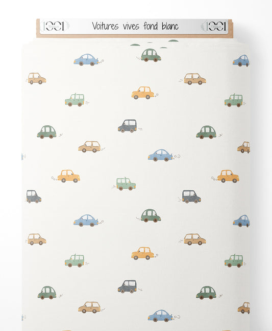 Tissu - Voitures vives sur fond blanc