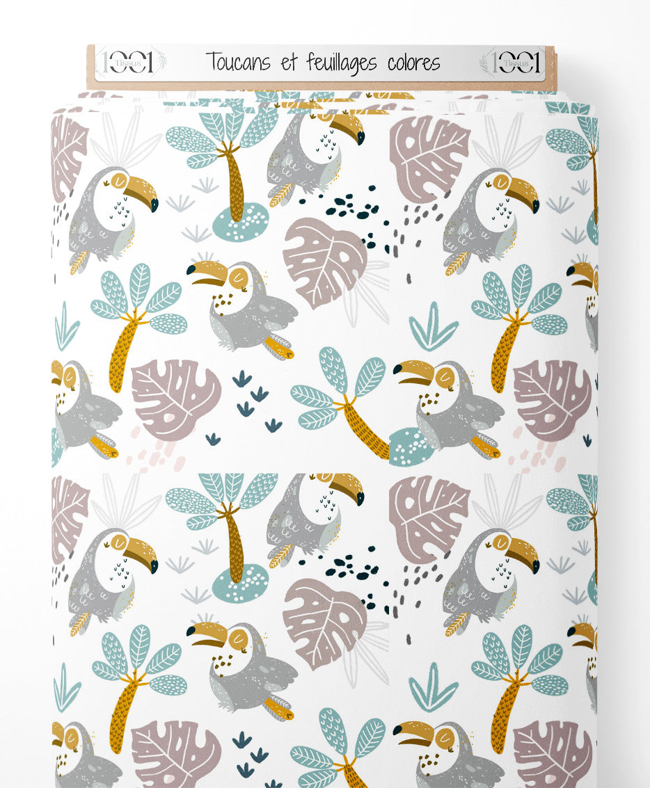 Tissu - Toucans et feuillages colorés