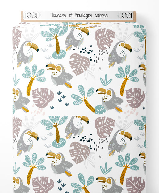 Tissu - Toucans et feuillages colorés
