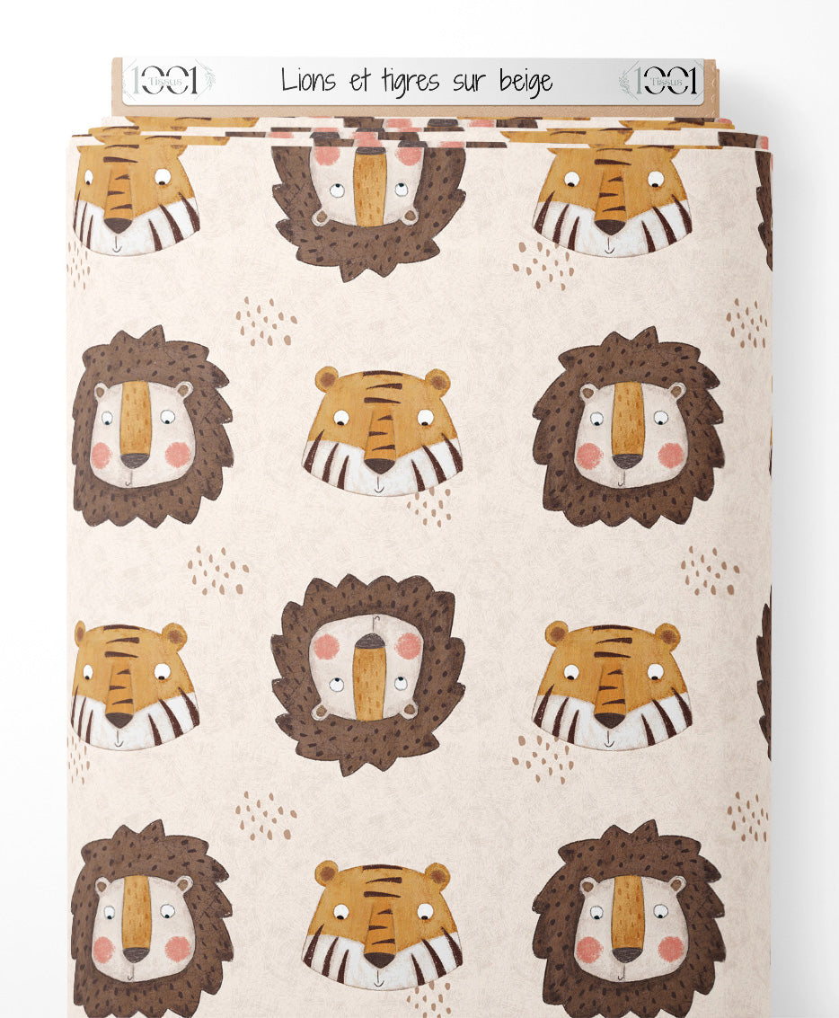 Tissu - Lions et tigres sur beige