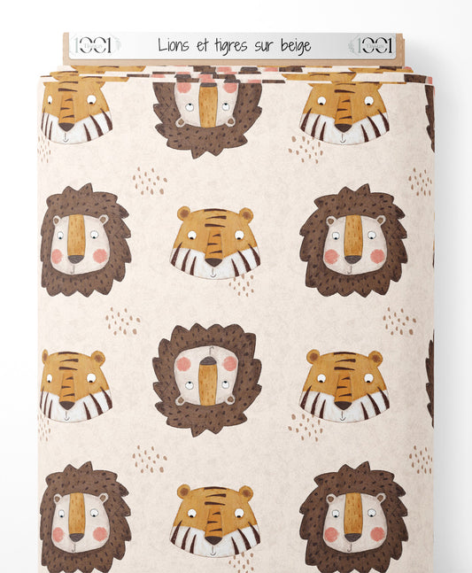 Tissu - Lions et tigres sur beige