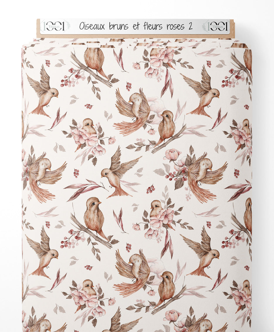 Tissu - Oiseaux bruns et fleurs roses 2