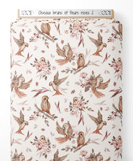 Tissu - Oiseaux bruns et fleurs roses 2