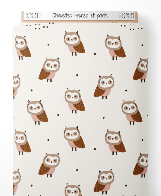 Tissu - Chouettes brunes et points