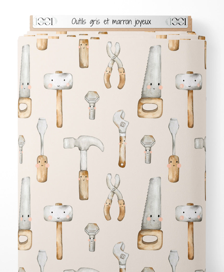 Tissu - Outils gris et marron joyeux