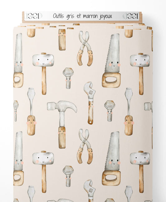 Tissu - Outils gris et marron joyeux