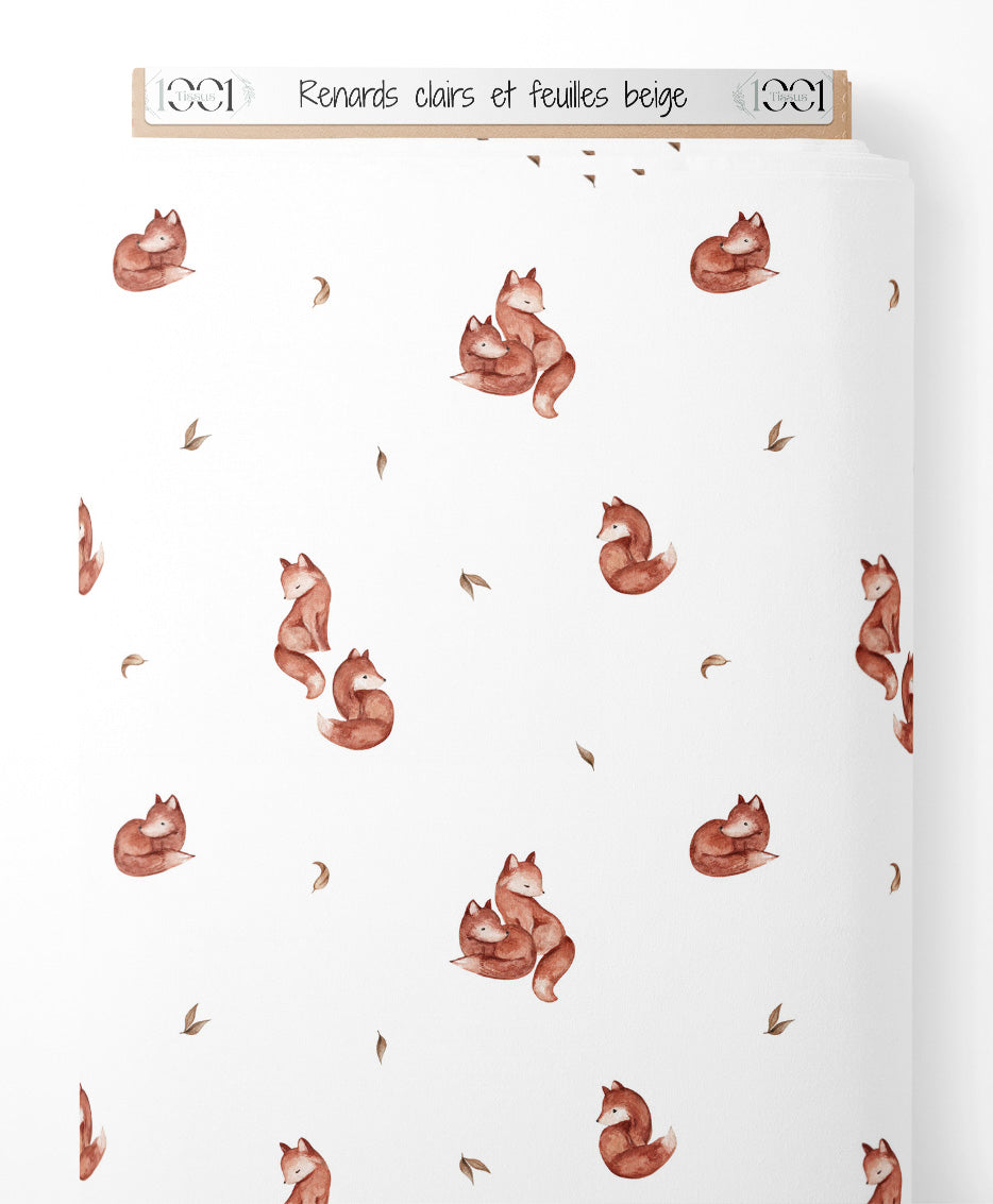 Tissu - Renards clairs et feuilles beige