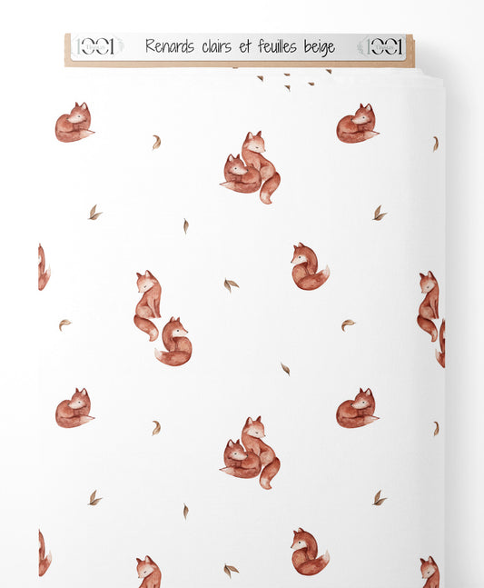 Tissu - Renards clairs et feuilles beige