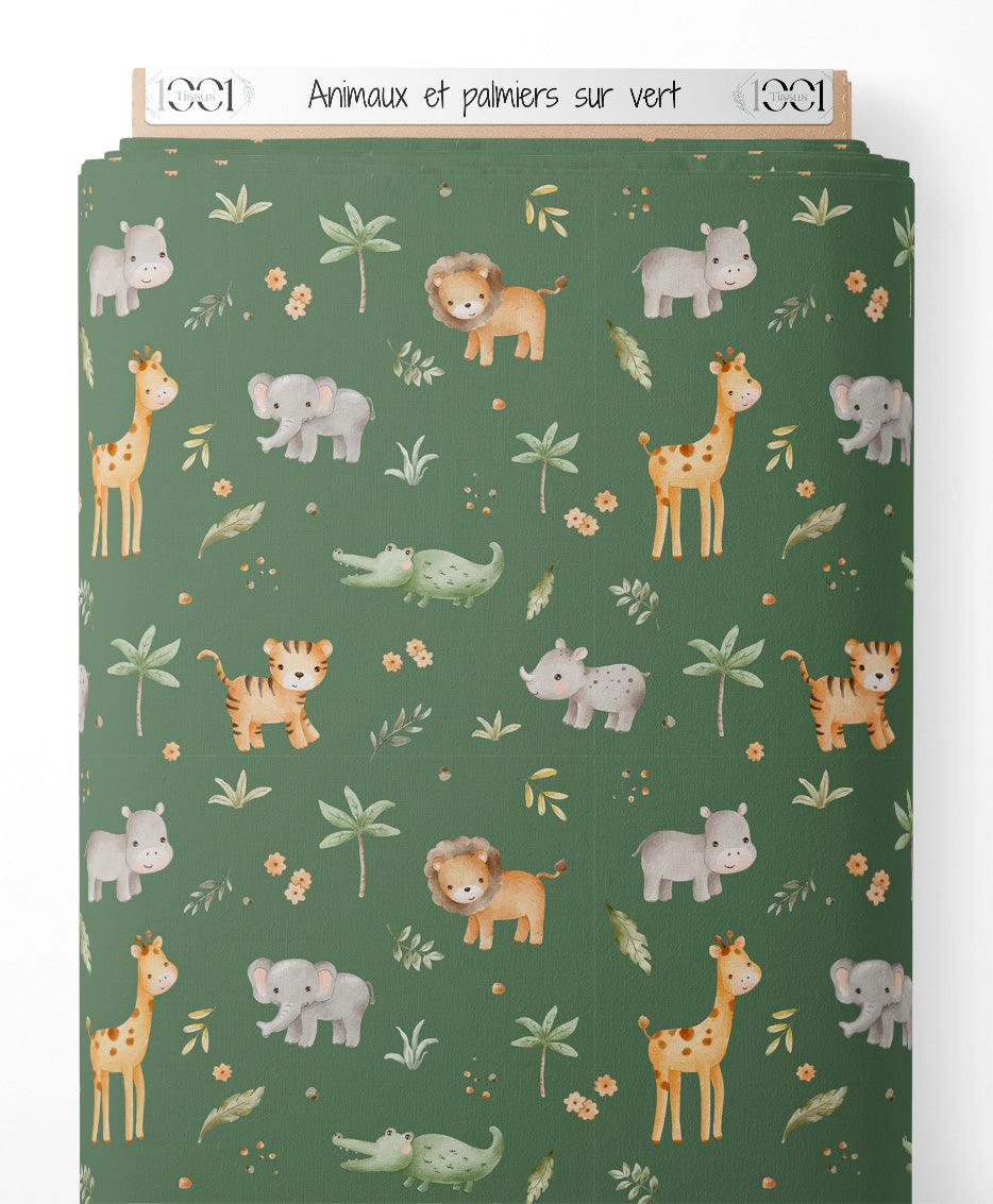 Tissu - Animaux et palmiers sur vert