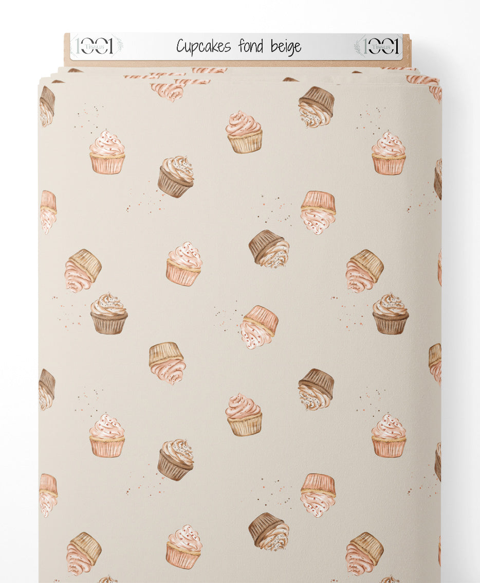 Tissu - Cupcakes sur fond beige