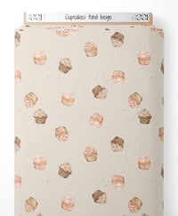Tissu - Cupcakes sur fond beige