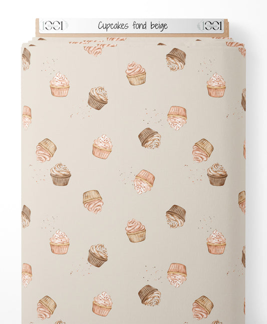 Tissu - Cupcakes sur fond beige